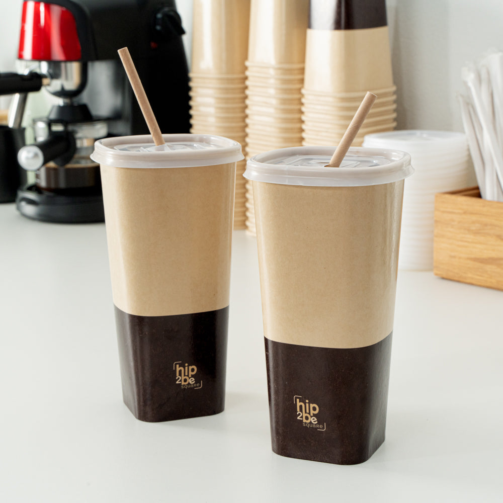 Hip 2 Be Square 22 oz Kraft and Brown Paper Hot / Cold Drinking Cup - Single Wall - 3 1/4" x 3 1/4" x 6 3/4" - 25 count box
