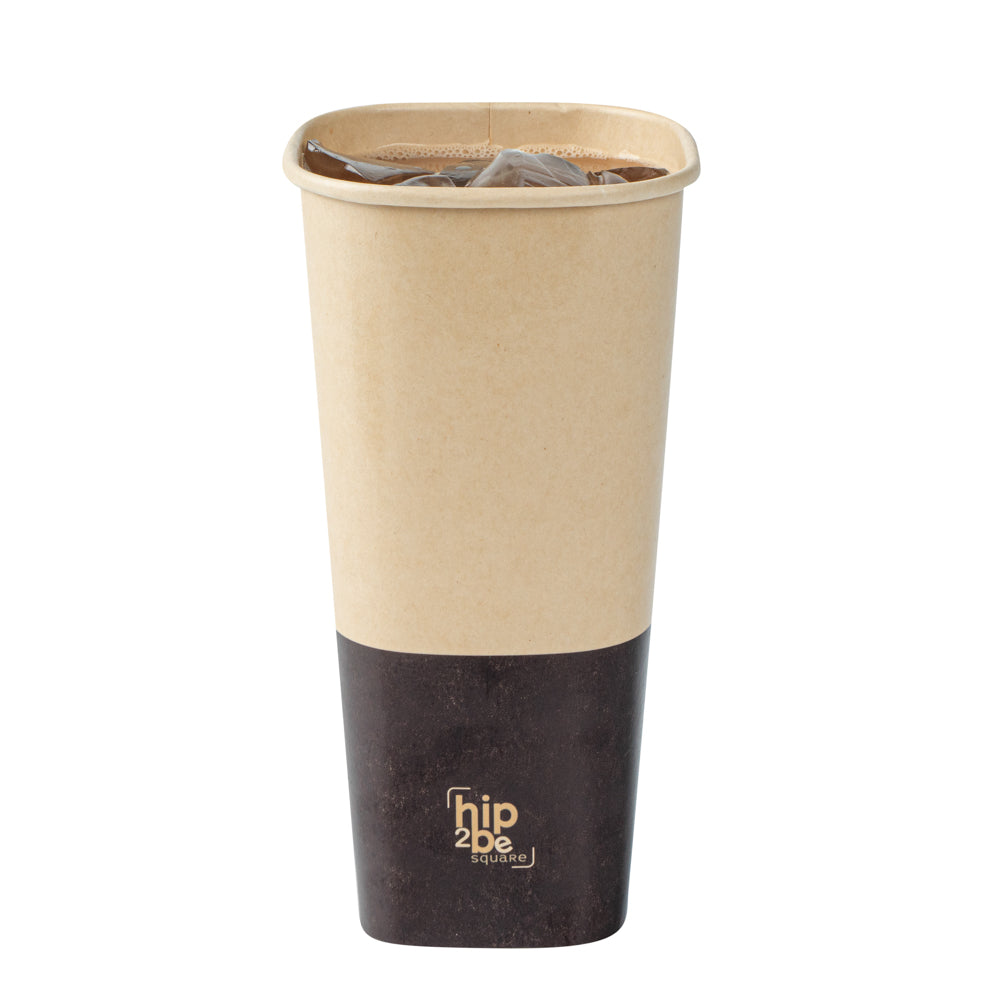 Hip 2 Be Square 22 oz Kraft and Brown Paper Hot / Cold Drinking Cup - Single Wall - 3 1/4" x 3 1/4" x 6 3/4" - 25 count box