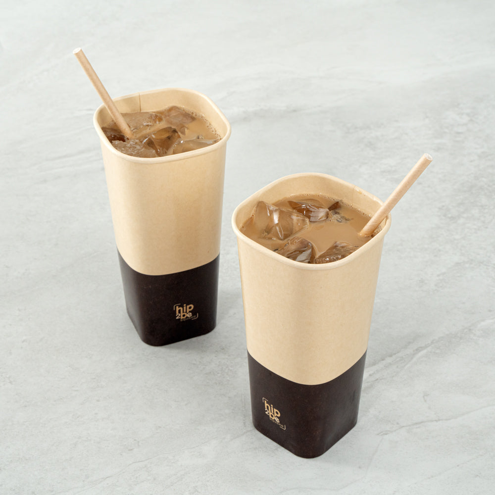 Hip 2 Be Square 22 oz Kraft and Brown Paper Hot / Cold Drinking Cup - Single Wall - 3 1/4" x 3 1/4" x 6 3/4" - 25 count box