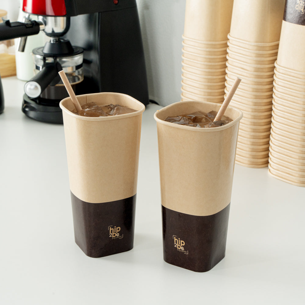 Hip 2 Be Square 22 oz Kraft and Brown Paper Hot / Cold Drinking Cup - Single Wall - 3 1/4" x 3 1/4" x 6 3/4" - 25 count box