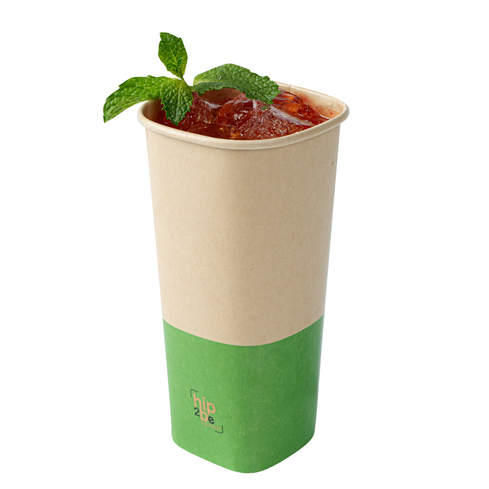 Hip 2 Be Square 22 oz Kraft and Green Paper Hot / Cold Drinking Cup - Single Wall - 3 1/4" x 3 1/4" x 6 3/4" - 25 count box