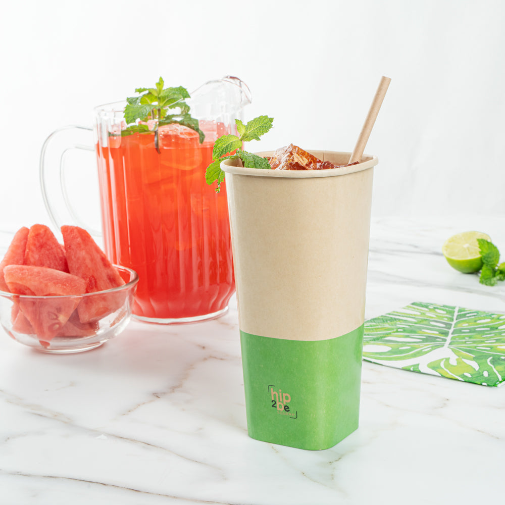 Hip 2 Be Square 22 oz Kraft and Green Paper Hot / Cold Drinking Cup - Single Wall - 3 1/4" x 3 1/4" x 6 3/4" - 25 count box