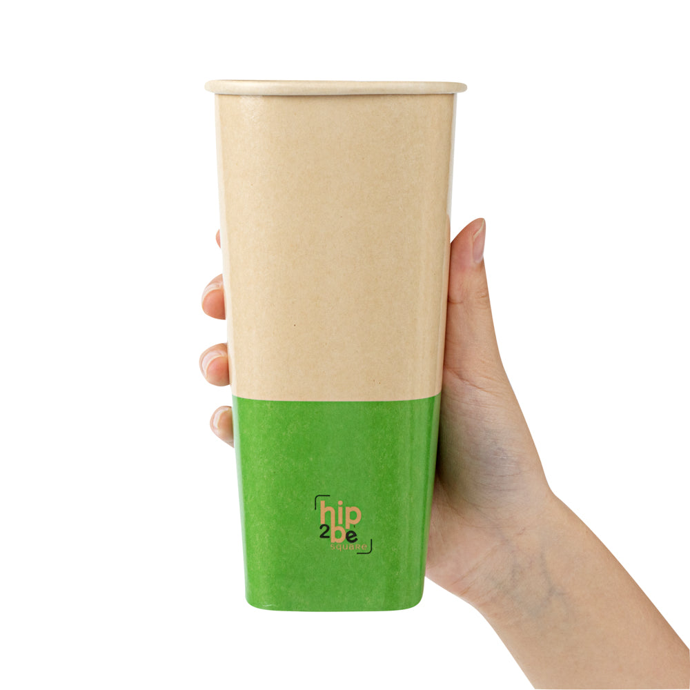 Hip 2 Be Square 22 oz Kraft and Green Paper Hot / Cold Drinking Cup - Single Wall - 3 1/4" x 3 1/4" x 6 3/4" - 25 count box