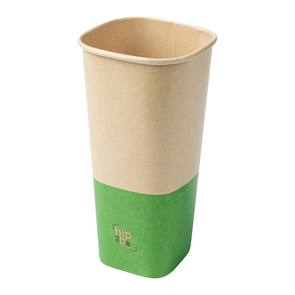 Hip 2 Be Square 22 oz Kraft and Green Paper Hot / Cold Drinking Cup - Single Wall - 3 1/4" x 3 1/4" x 6 3/4" - 25 count box