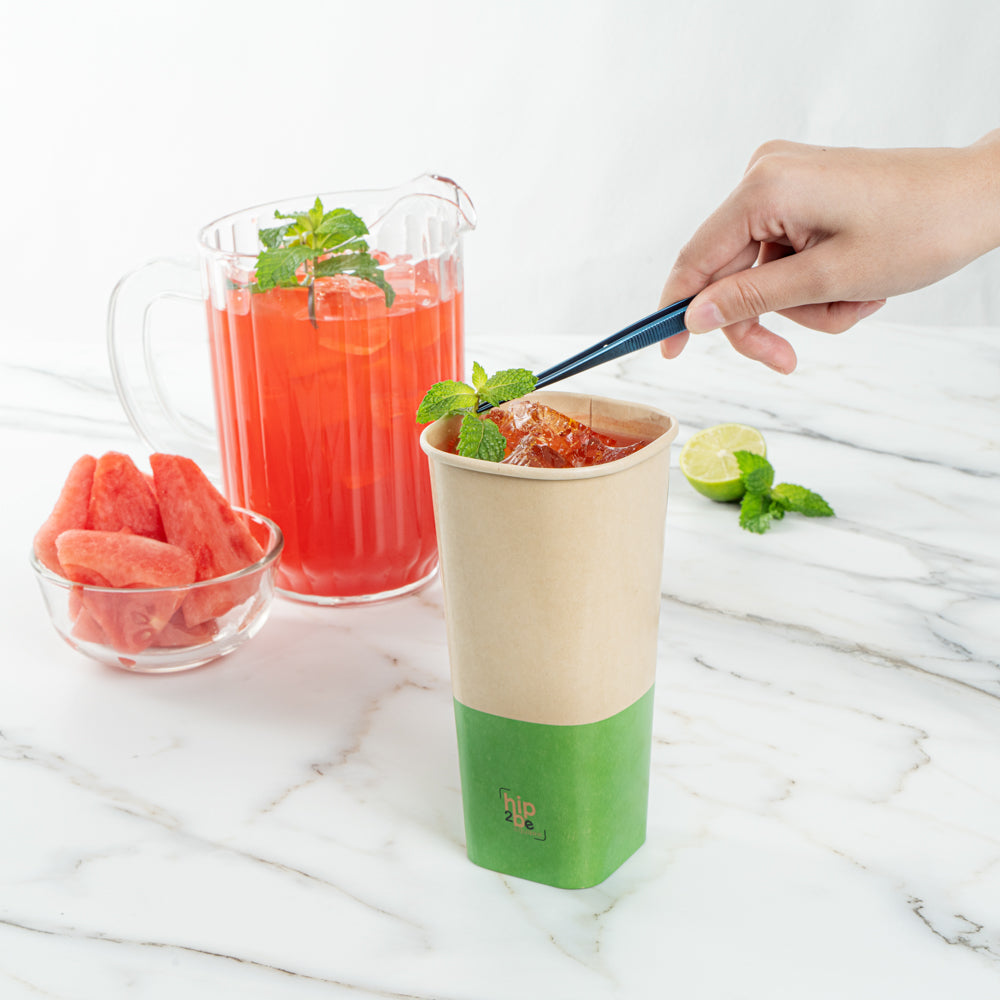 Hip 2 Be Square 22 oz Kraft and Green Paper Hot / Cold Drinking Cup - Single Wall - 3 1/4" x 3 1/4" x 6 3/4" - 25 count box