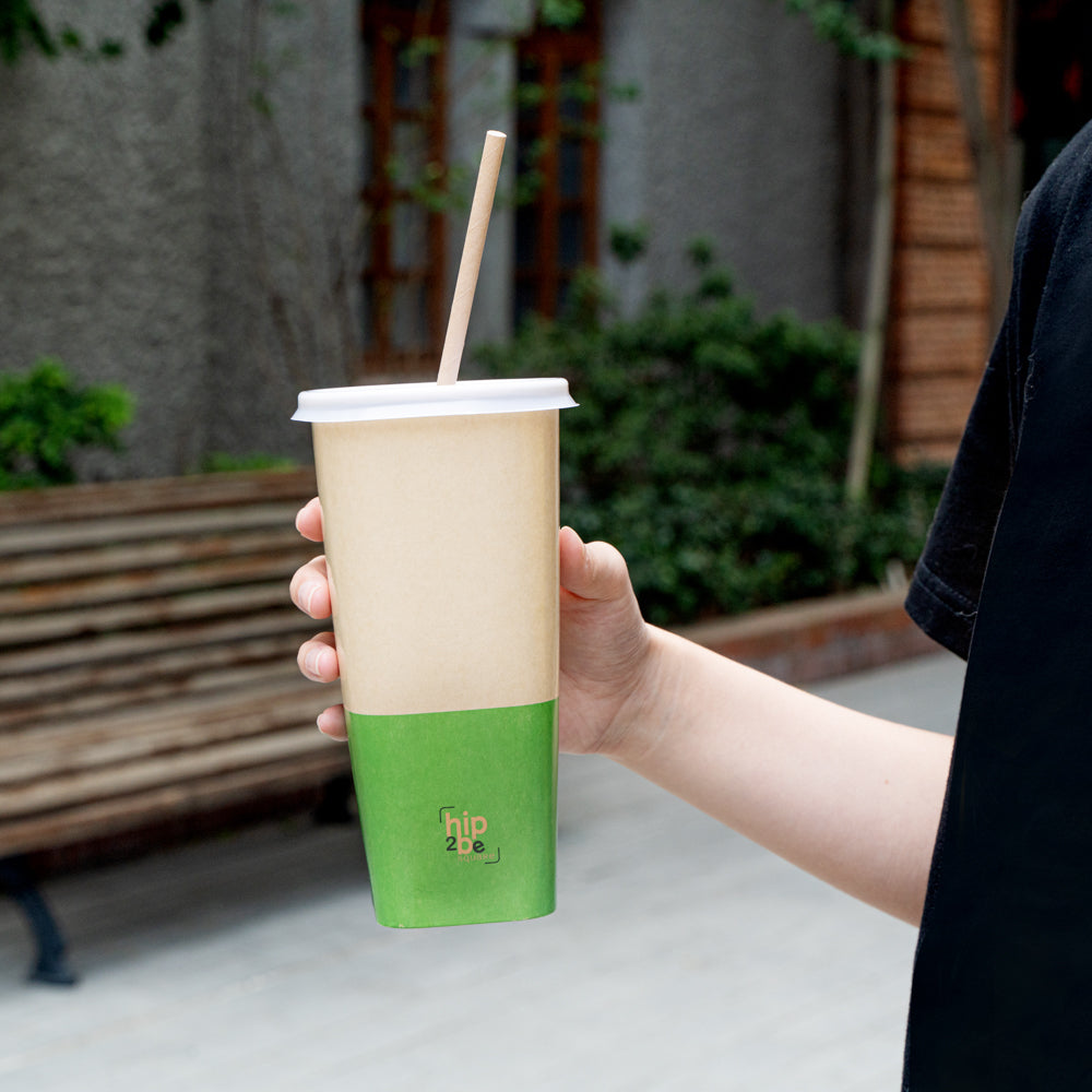 Hip 2 Be Square 22 oz Kraft and Green Paper Hot / Cold Drinking Cup - Single Wall - 3 1/4" x 3 1/4" x 6 3/4" - 25 count box
