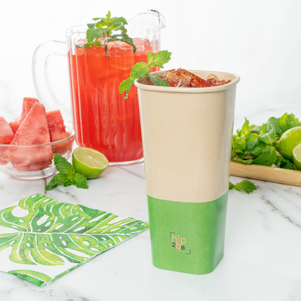 Hip 2 Be Square 22 oz Kraft and Green Paper Hot / Cold Drinking Cup - Single Wall - 3 1/4" x 3 1/4" x 6 3/4" - 25 count box