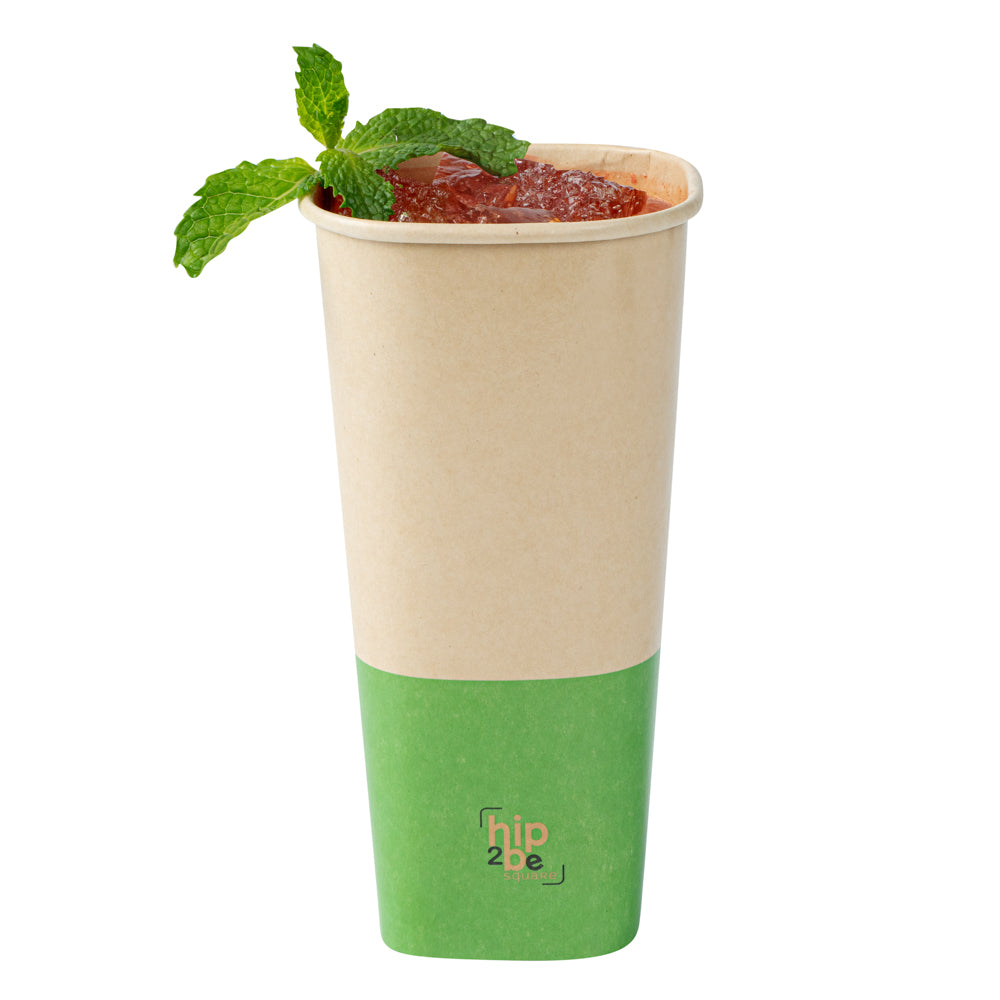 Hip 2 Be Square 22 oz Kraft and Green Paper Hot / Cold Drinking Cup - Single Wall - 3 1/4" x 3 1/4" x 6 3/4" - 500 count box