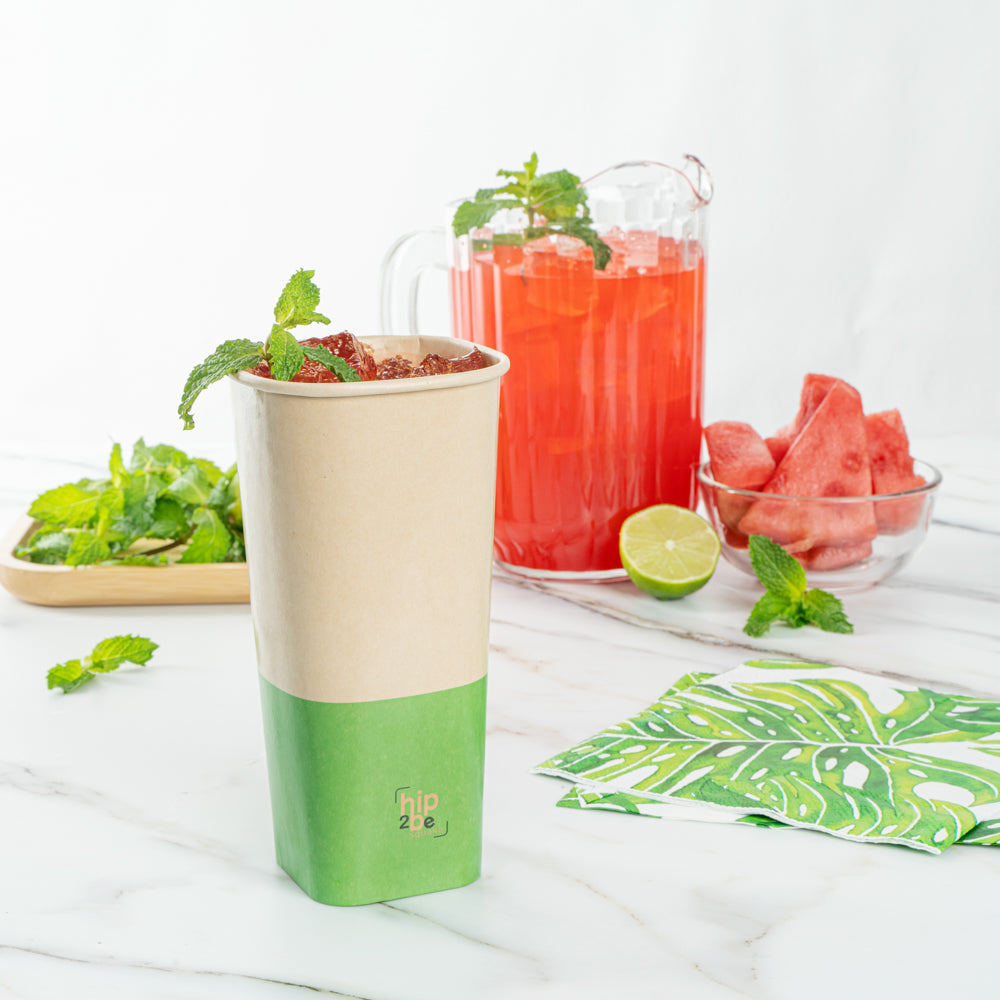 Hip 2 Be Square 22 oz Kraft and Green Paper Hot / Cold Drinking Cup - Single Wall - 3 1/4" x 3 1/4" x 6 3/4" - 500 count box