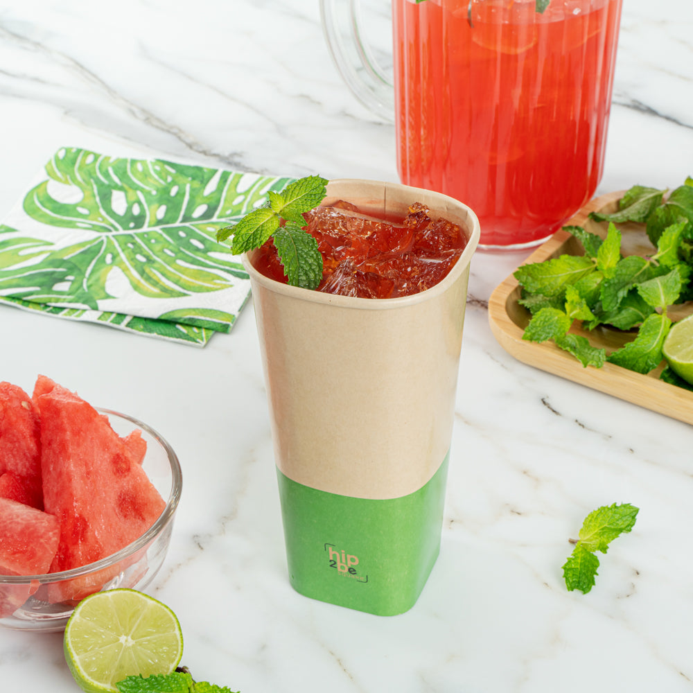Hip 2 Be Square 22 oz Kraft and Green Paper Hot / Cold Drinking Cup - Single Wall - 3 1/4" x 3 1/4" x 6 3/4" - 500 count box