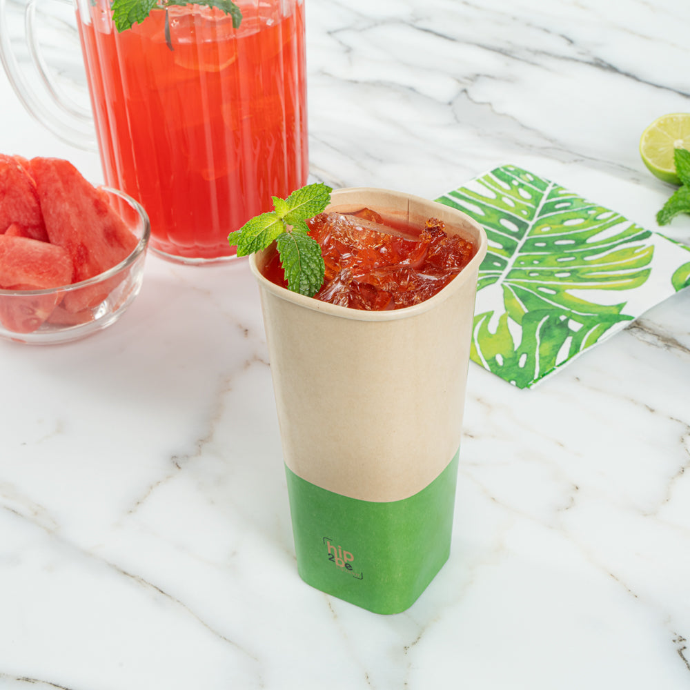 Hip 2 Be Square 22 oz Kraft and Green Paper Hot / Cold Drinking Cup - Single Wall - 3 1/4" x 3 1/4" x 6 3/4" - 500 count box