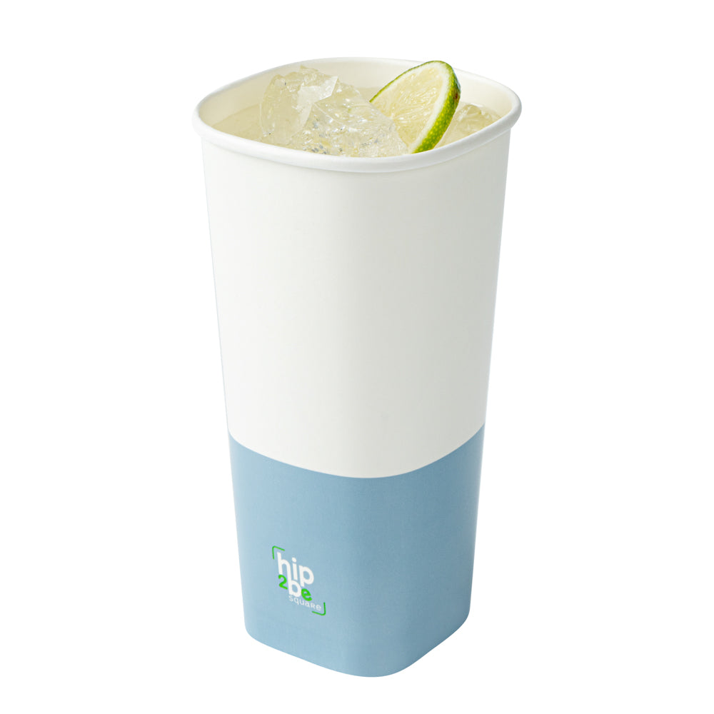 Hip 2 Be Square 22 oz White and Blue Paper Hot / Cold Drinking Cup - Single Wall - 3 1/4" x 3 1/4" x 6 3/4" - 25 count box