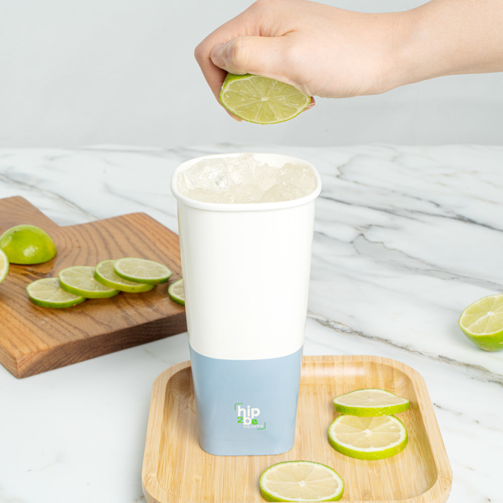 Hip 2 Be Square 22 oz White and Blue Paper Hot / Cold Drinking Cup - Single Wall - 3 1/4" x 3 1/4" x 6 3/4" - 25 count box