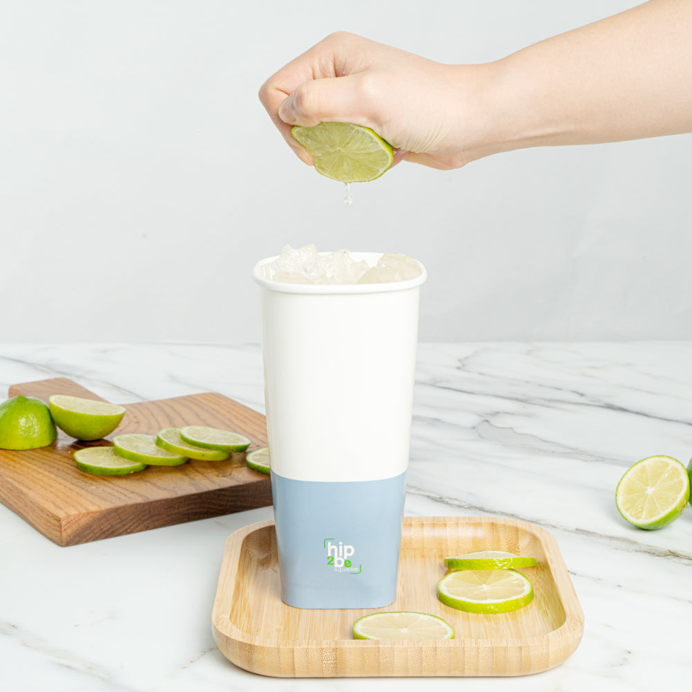 Hip 2 Be Square 22 oz White and Blue Paper Hot / Cold Drinking Cup - Single Wall - 3 1/4" x 3 1/4" x 6 3/4" - 25 count box