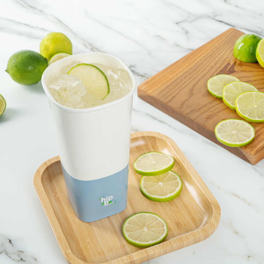 Hip 2 Be Square 22 oz White and Blue Paper Hot / Cold Drinking Cup - Single Wall - 3 1/4" x 3 1/4" x 6 3/4" - 25 count box