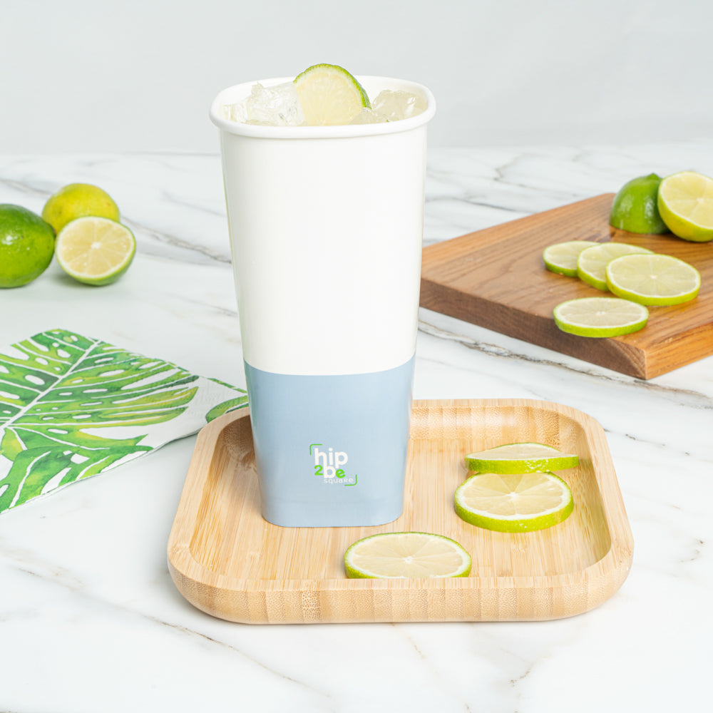 Hip 2 Be Square 22 oz White and Blue Paper Hot / Cold Drinking Cup - Single Wall - 3 1/4" x 3 1/4" x 6 3/4" - 25 count box