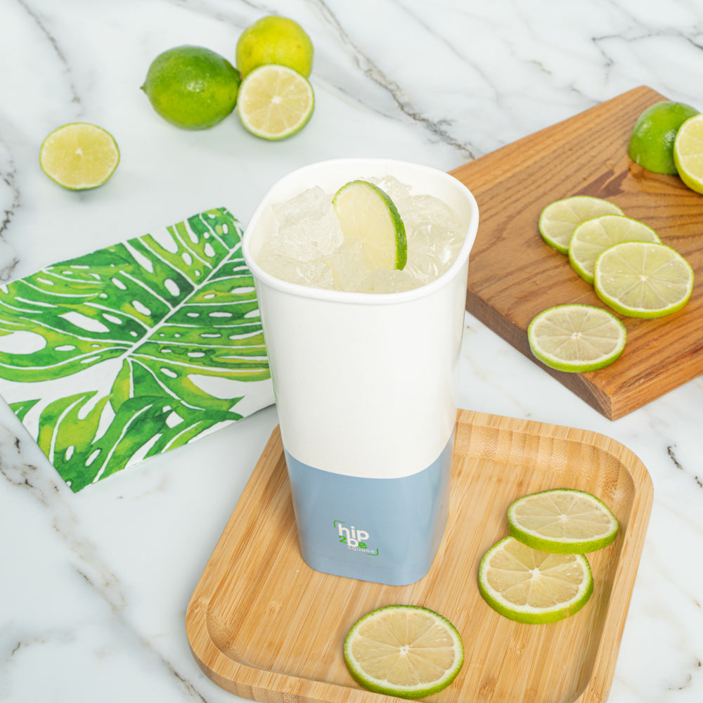 Hip 2 Be Square 22 oz White and Blue Paper Hot / Cold Drinking Cup - Single Wall - 3 1/4" x 3 1/4" x 6 3/4" - 25 count box