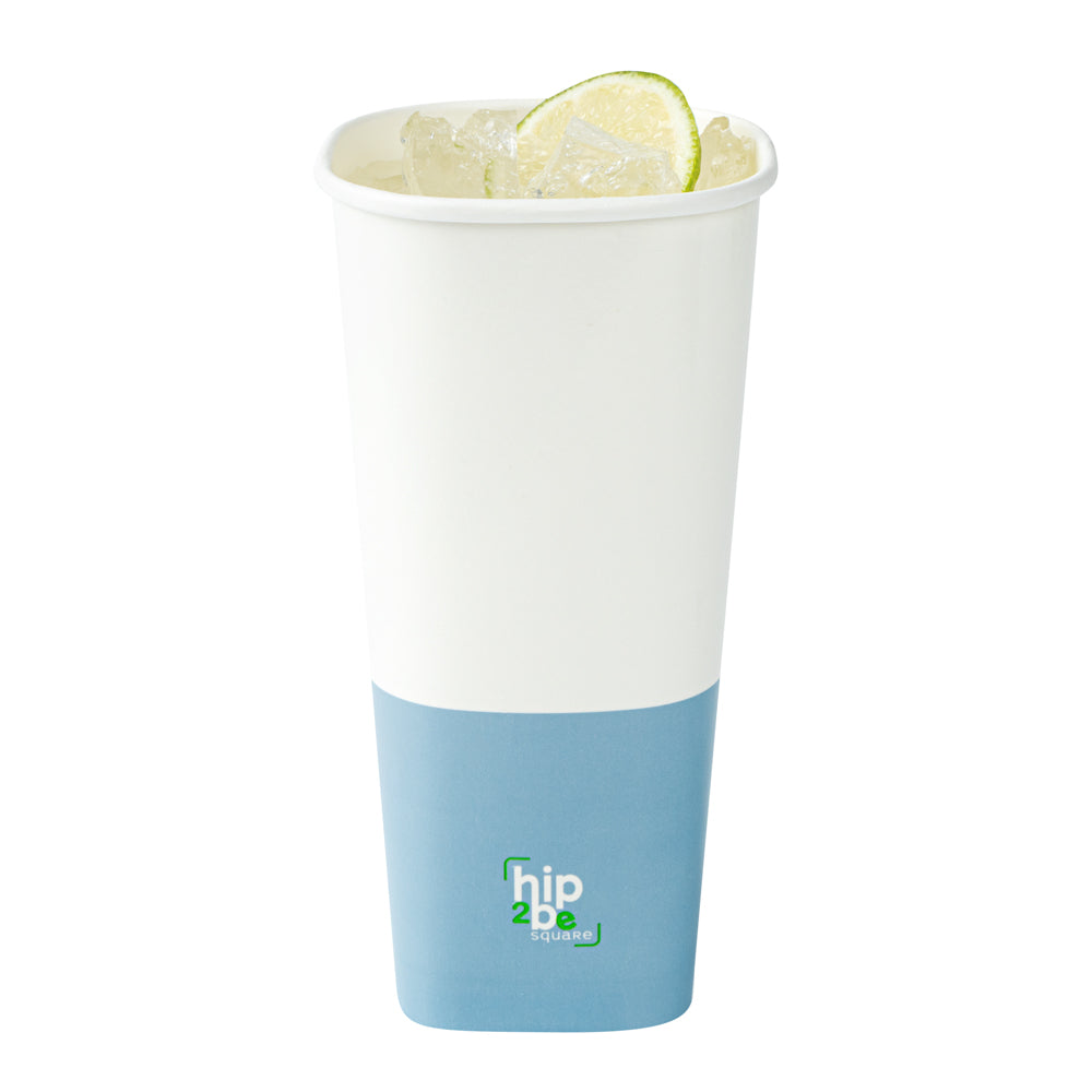 Hip 2 Be Square 22 oz White and Blue Paper Hot / Cold Drinking Cup - Single Wall - 3 1/4" x 3 1/4" x 6 3/4" - 500 count box