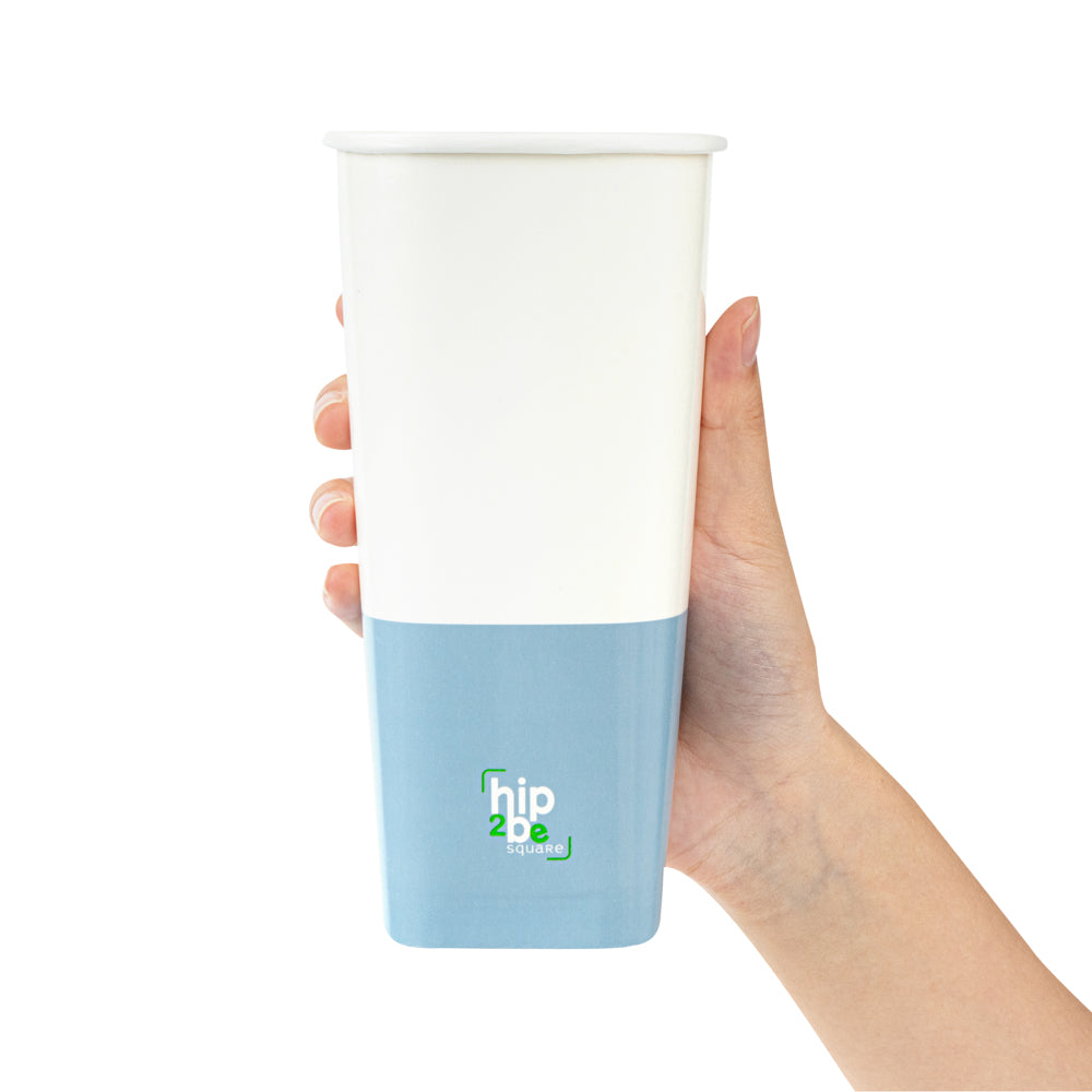 Hip 2 Be Square 22 oz White and Blue Paper Hot / Cold Drinking Cup - Single Wall - 3 1/4" x 3 1/4" x 6 3/4" - 500 count box