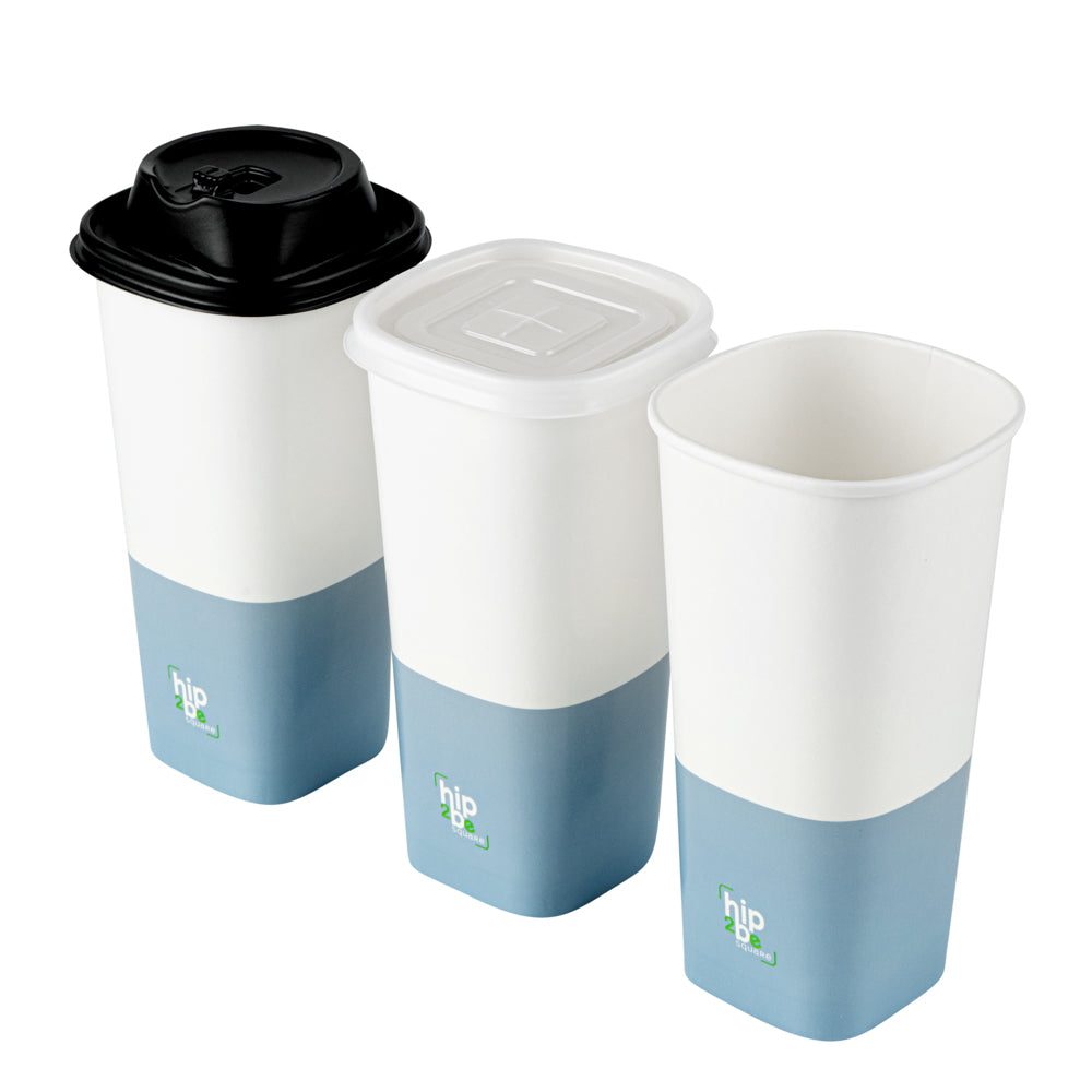 Hip 2 Be Square 22 oz White and Blue Paper Hot / Cold Drinking Cup - Single Wall - 3 1/4" x 3 1/4" x 6 3/4" - 500 count box
