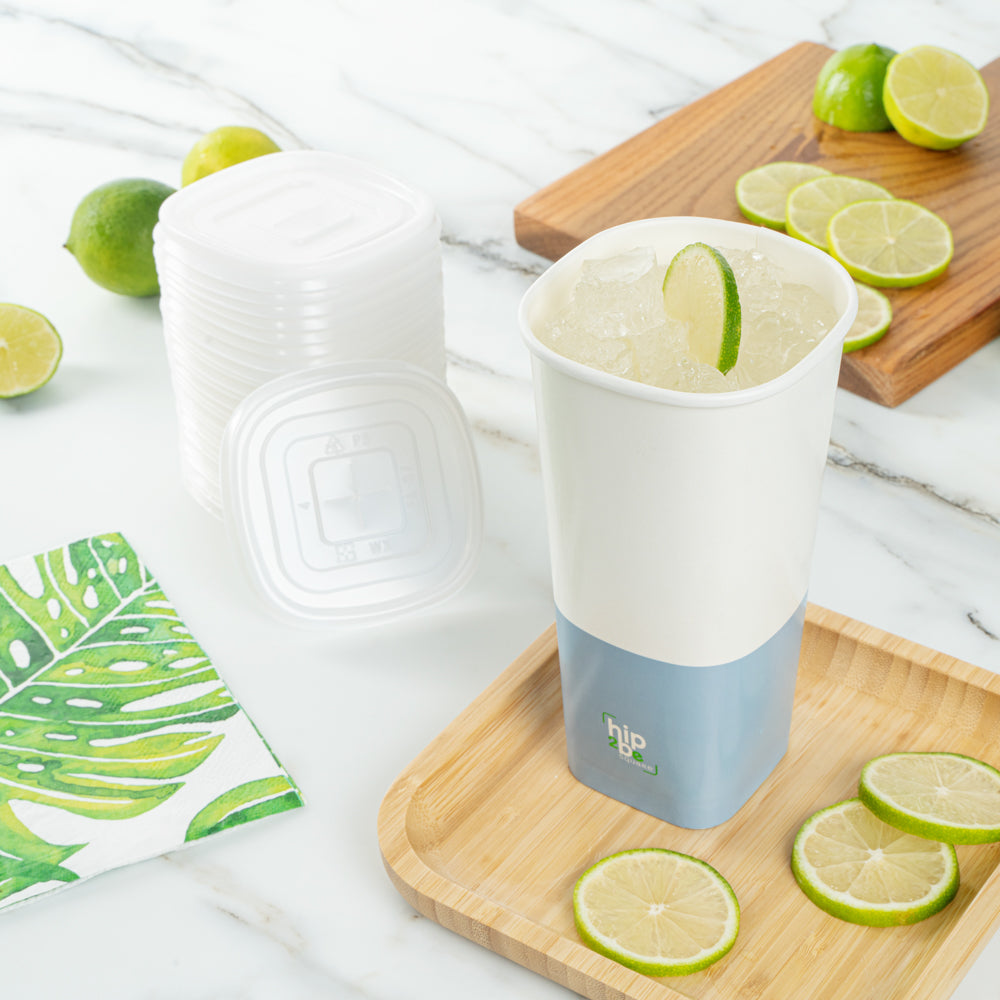 Hip 2 Be Square 22 oz White and Blue Paper Hot / Cold Drinking Cup - Single Wall - 3 1/4" x 3 1/4" x 6 3/4" - 500 count box