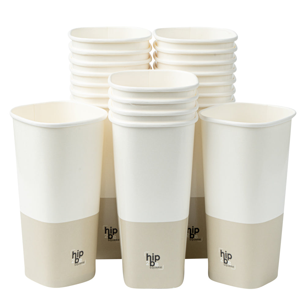 Hip 2 Be Square 22 oz White and Taupe Paper Hot / Cold Drinking Cup - Single Wall - 3 1/4" x 3 1/4" x 6 3/4" - 25 count box