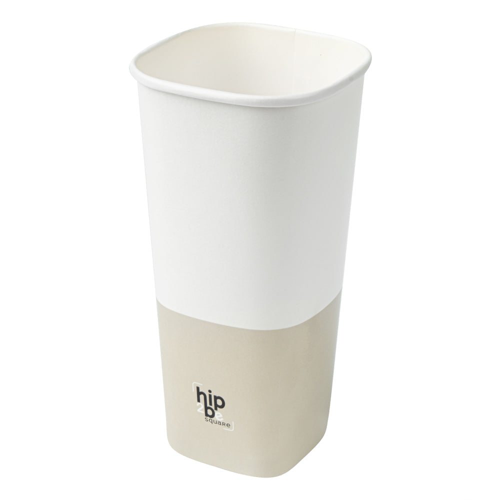 Hip 2 Be Square 22 oz White and Taupe Paper Hot / Cold Drinking Cup - Single Wall - 3 1/4" x 3 1/4" x 6 3/4" - 25 count box