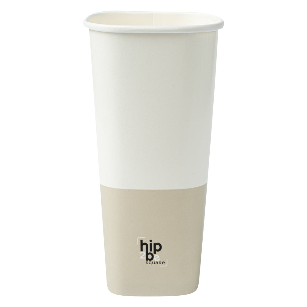 Hip 2 Be Square 22 oz White and Taupe Paper Hot / Cold Drinking Cup - Single Wall - 3 1/4" x 3 1/4" x 6 3/4" - 25 count box