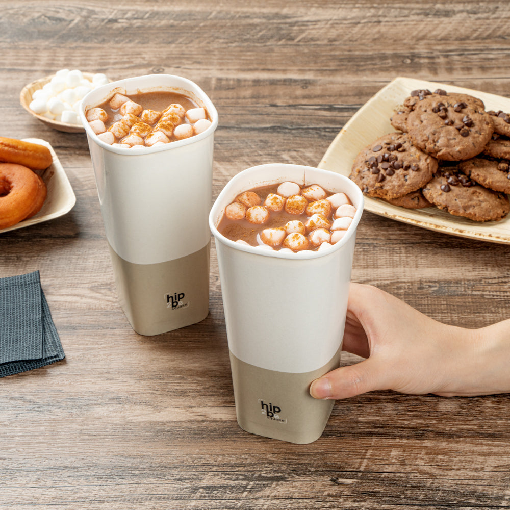 Hip 2 Be Square 22 oz White and Taupe Paper Hot / Cold Drinking Cup - Single Wall - 3 1/4" x 3 1/4" x 6 3/4" - 25 count box
