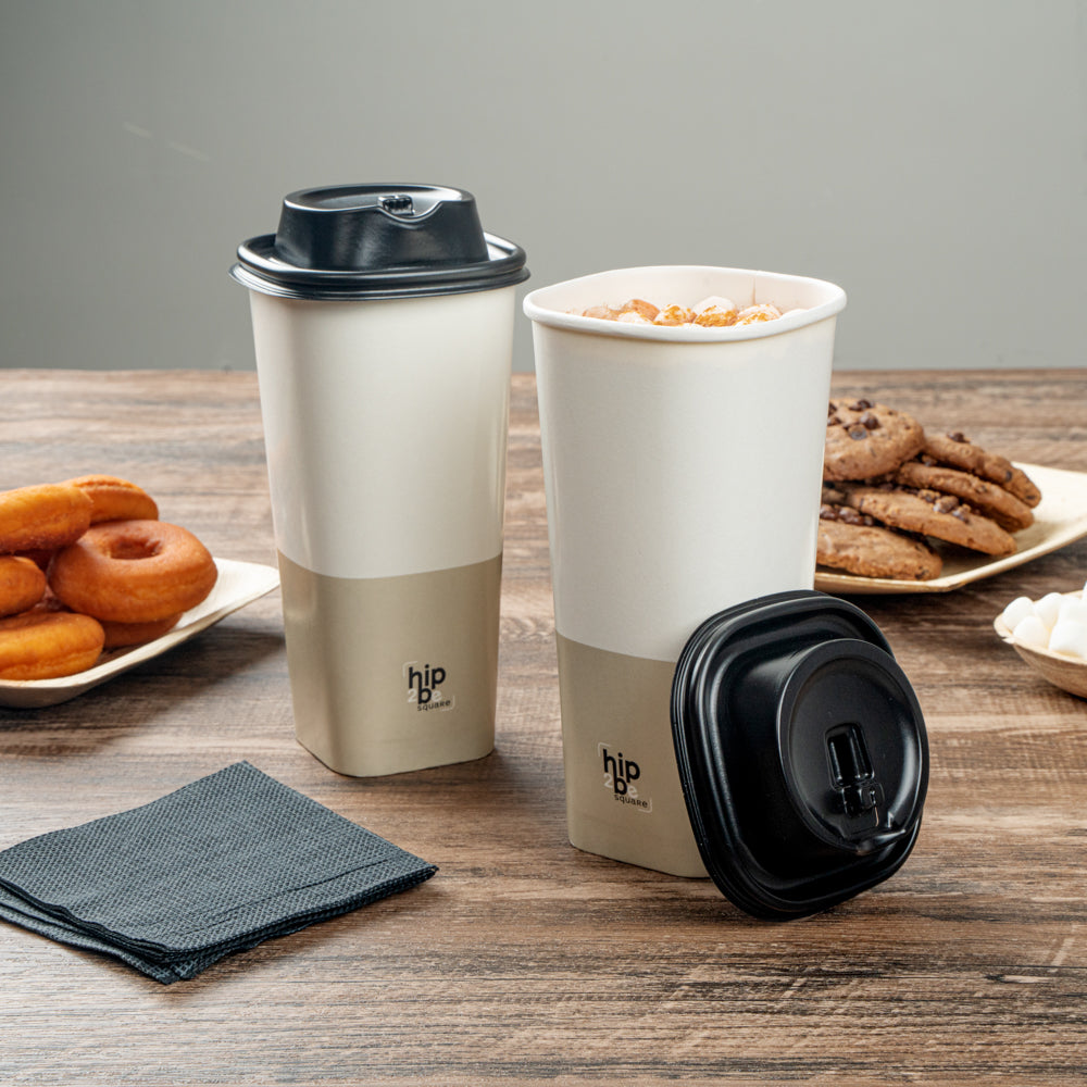 Hip 2 Be Square 22 oz White and Taupe Paper Hot / Cold Drinking Cup - Single Wall - 3 1/4" x 3 1/4" x 6 3/4" - 25 count box