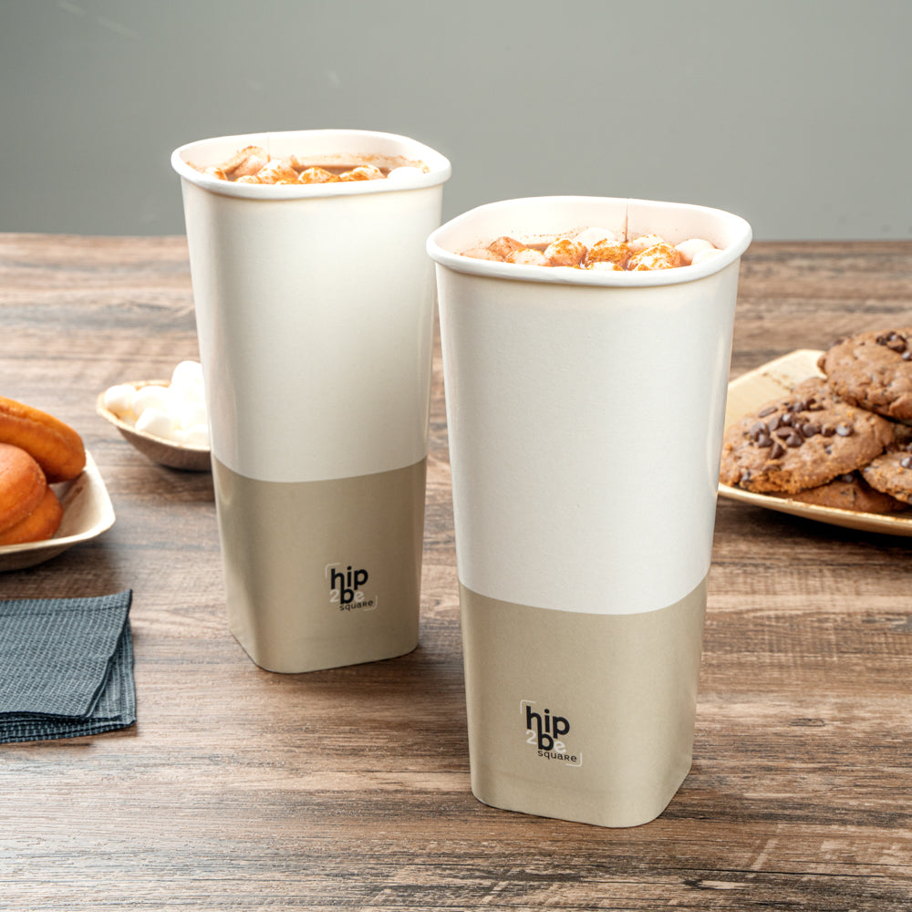 Hip 2 Be Square 22 oz White and Taupe Paper Hot / Cold Drinking Cup - Single Wall - 3 1/4" x 3 1/4" x 6 3/4" - 500 count box
