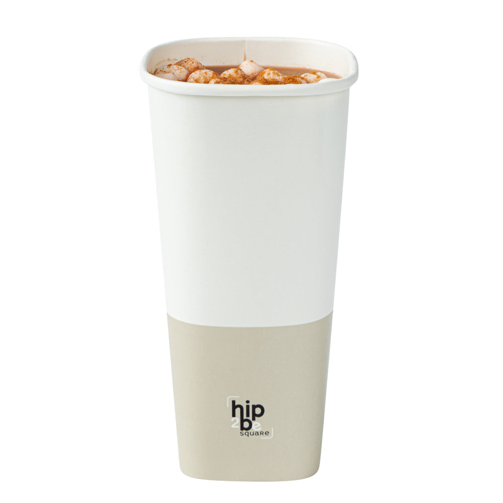 Hip 2 Be Square 22 oz White and Taupe Paper Hot / Cold Drinking Cup - Single Wall - 3 1/4" x 3 1/4" x 6 3/4" - 500 count box