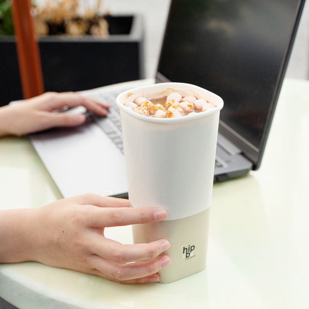 Hip 2 Be Square 22 oz White and Taupe Paper Hot / Cold Drinking Cup - Single Wall - 3 1/4" x 3 1/4" x 6 3/4" - 500 count box
