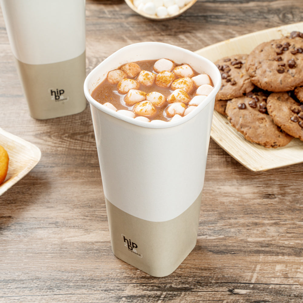 Hip 2 Be Square 22 oz White and Taupe Paper Hot / Cold Drinking Cup - Single Wall - 3 1/4" x 3 1/4" x 6 3/4" - 500 count box