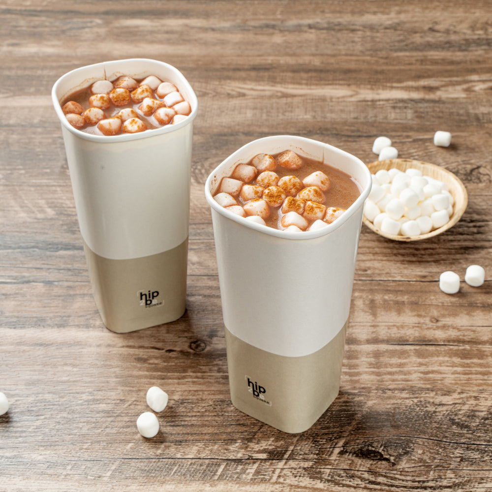 Hip 2 Be Square 22 oz White and Taupe Paper Hot / Cold Drinking Cup - Single Wall - 3 1/4" x 3 1/4" x 6 3/4" - 500 count box