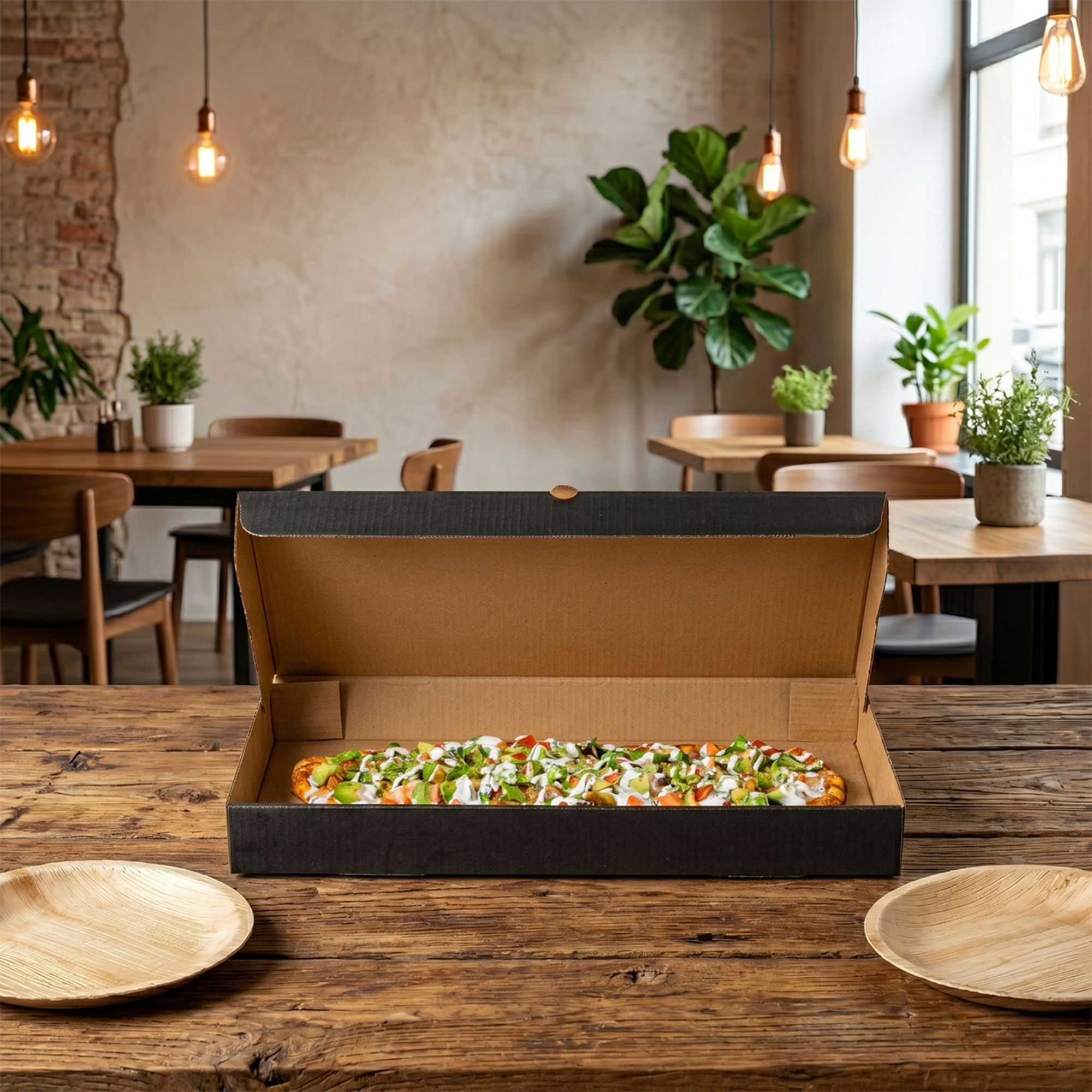 Eco Pie Kraft and Black Paper Corrugated Flatbread Box - 14" x 7" x 1 1/2" - 50 count box