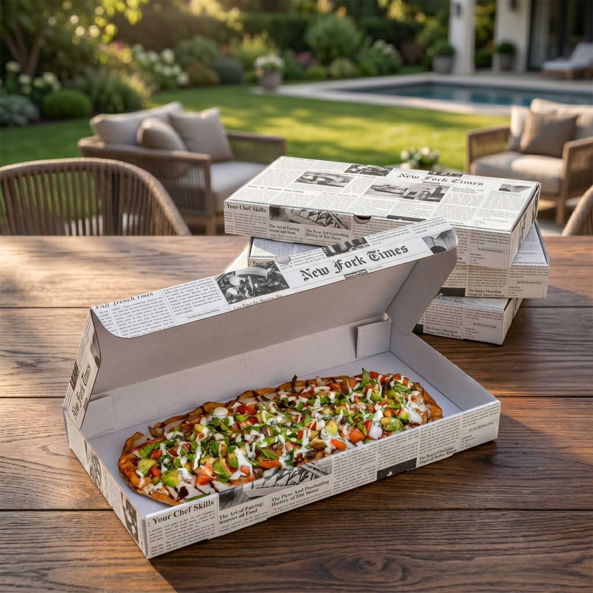 Eco Pie Newsprint and White Paper Corrugated Flatbread Box - 14" x 7" x 1 1/2" - 50 count box