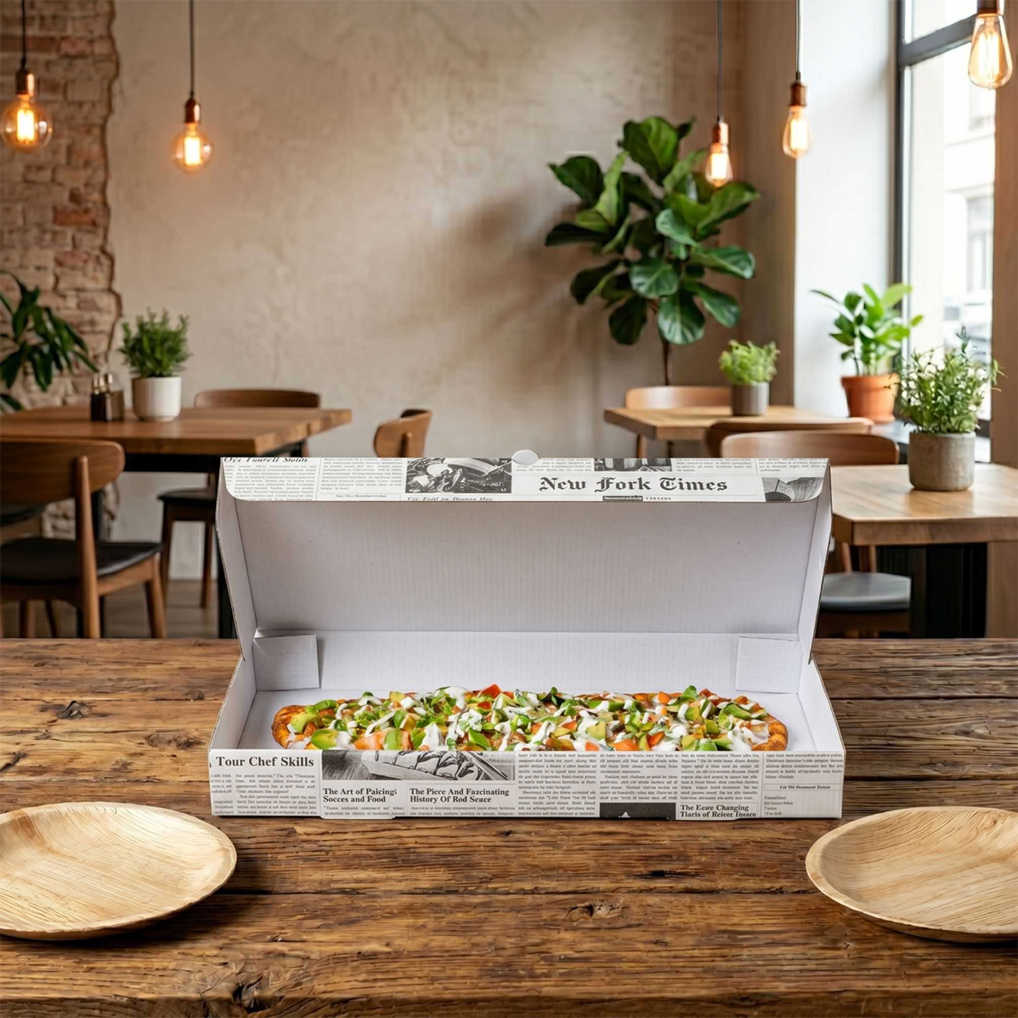 Eco Pie Newsprint and White Paper Corrugated Flatbread Box - 14" x 7" x 1 1/2" - 50 count box