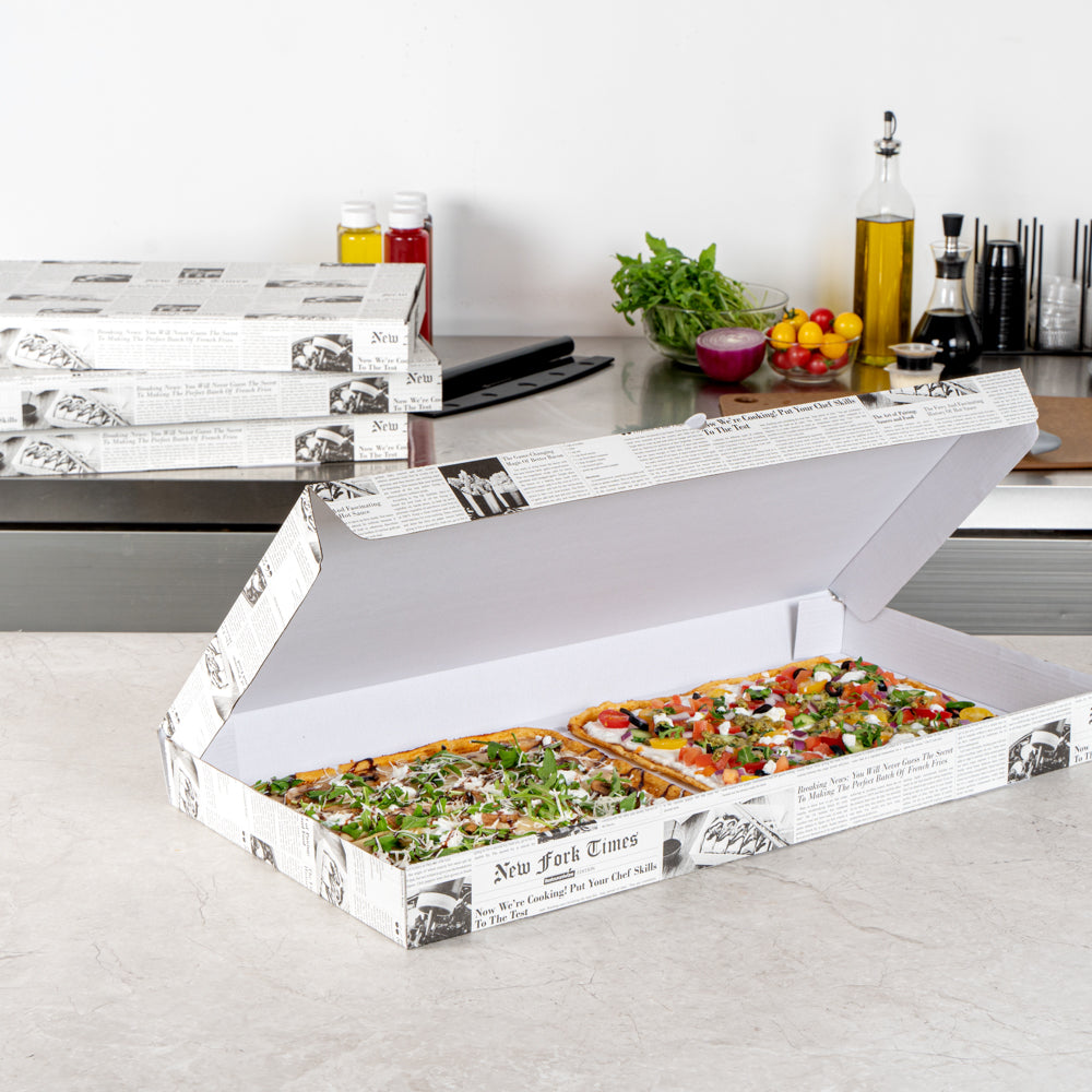 Eco Pie Newsprint and White Paper Corrugated Flatbread Box - 24" x 8" x 2" - 50 count box
