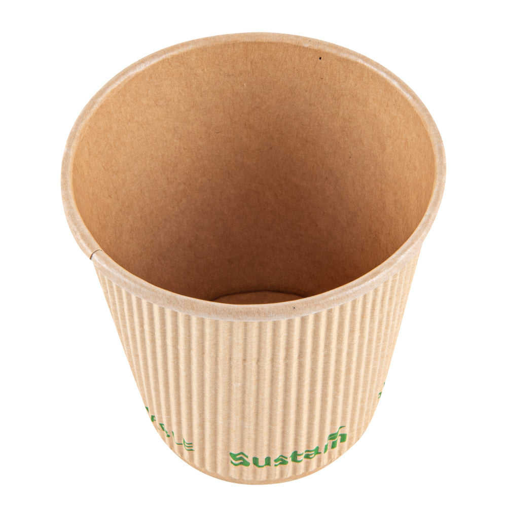 Sustain 8 oz Kraft Paper Coffee Cup - PLA Lining, Compostable, Ripple Wall - 3 1/2" x 3 1/2" x 3 1/2" - 25 count box