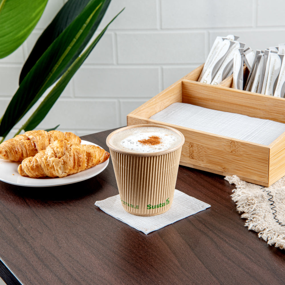 Sustain 8 oz Kraft Paper Coffee Cup - PLA Lining, Compostable, Ripple Wall - 3 1/2" x 3 1/2" x 3 1/2" - 500 count box