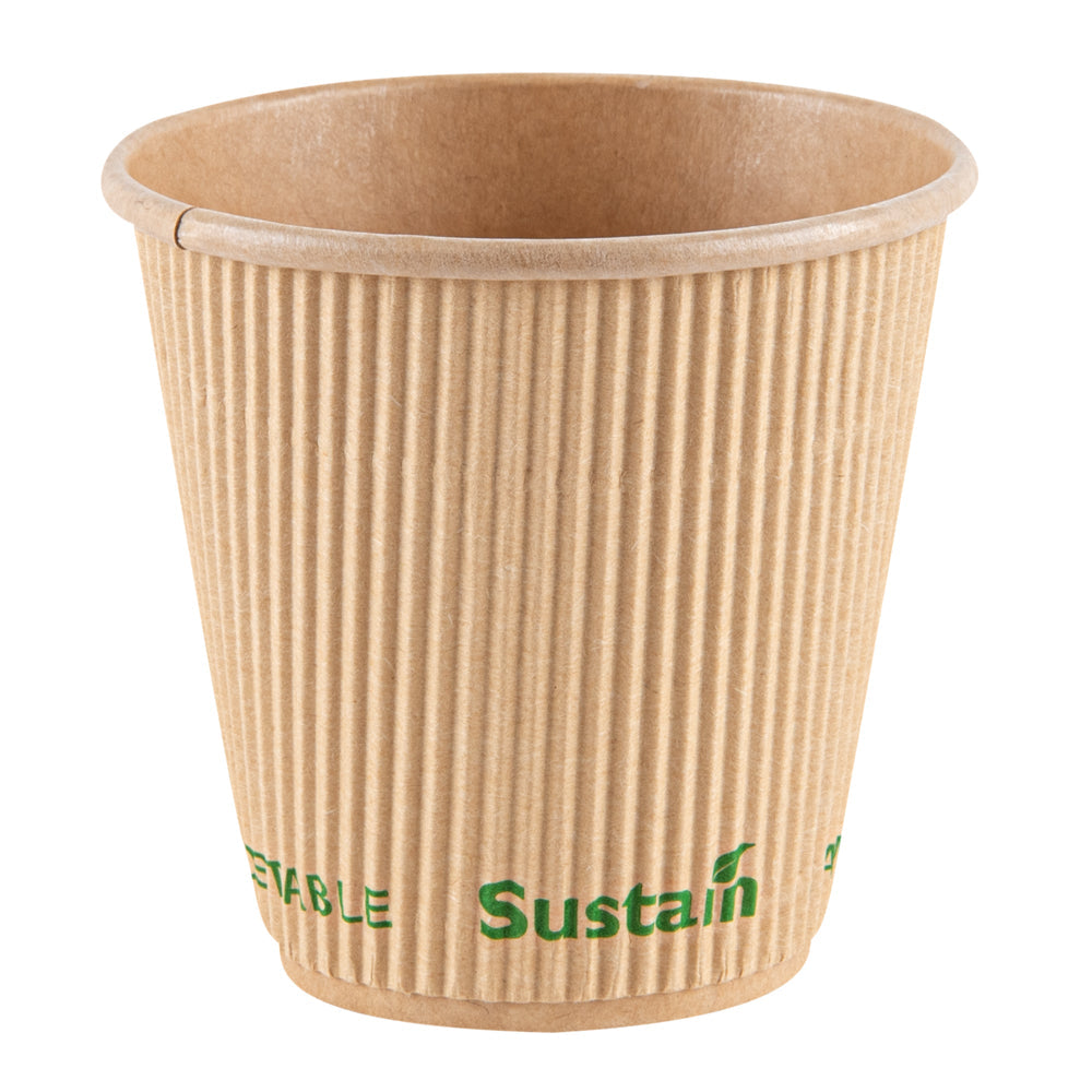 Sustain 8 oz Kraft Paper Coffee Cup - PLA Lining, Compostable, Ripple Wall - 3 1/2" x 3 1/2" x 3 1/2" - 500 count box