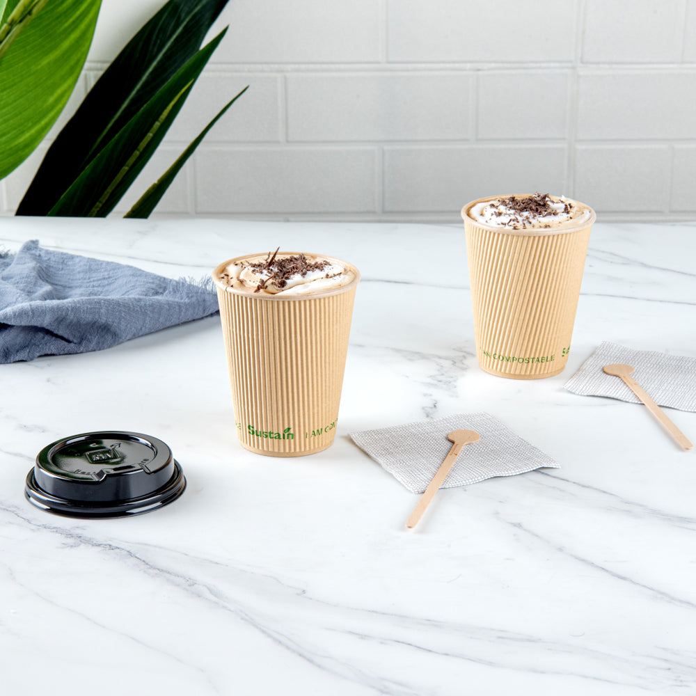 Sustain 12 oz Kraft Paper Coffee Cup - PLA Lining, Compostable, Ripple Wall - 3 1/2" x 3 1/2" x 4 1/4" - 25 count box