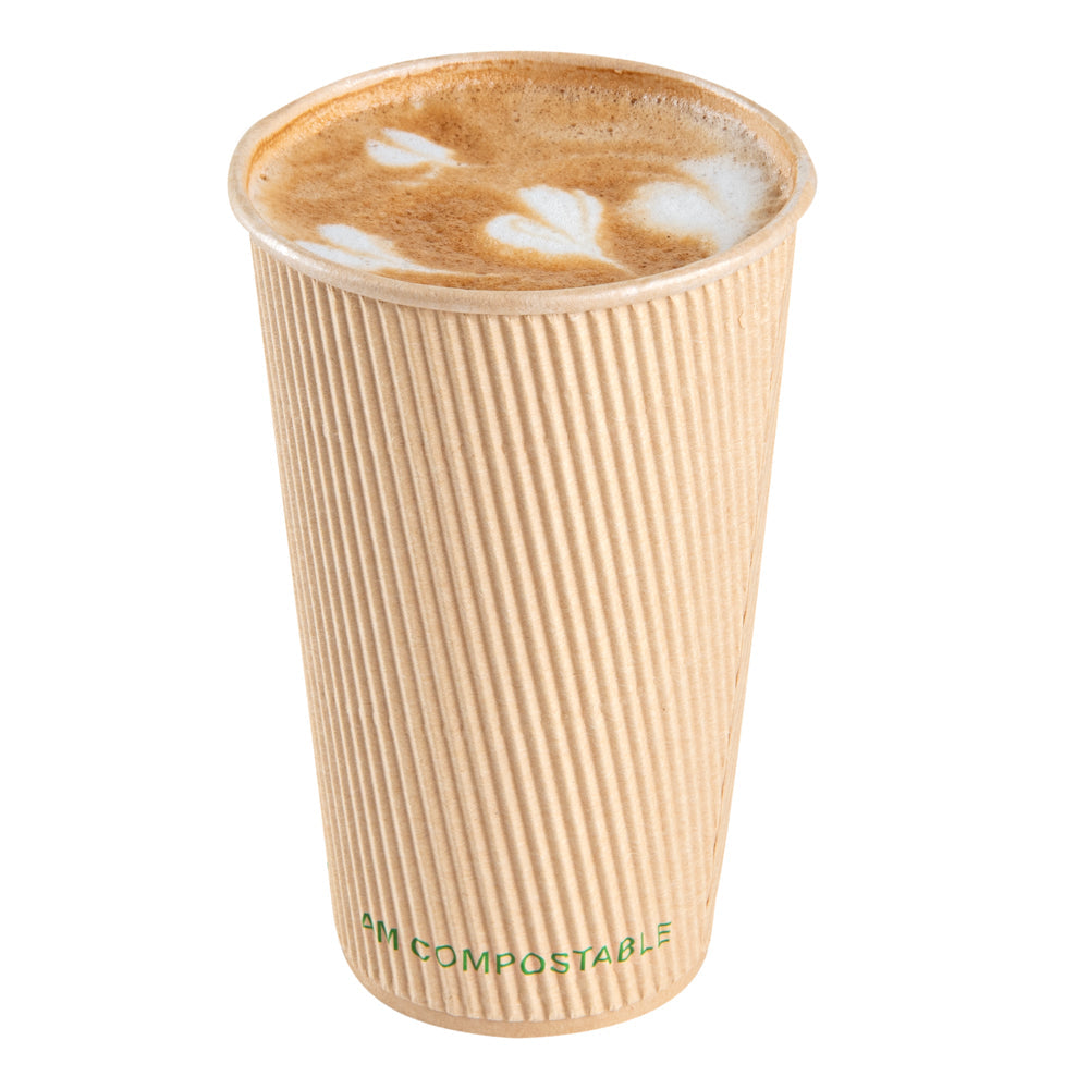 Sustain 16 oz Kraft Paper Coffee Cup - PLA Lining, Compostable, Ripple Wall - 3 1/2" x 3 1/2" x 5 1/2" - 25 count box