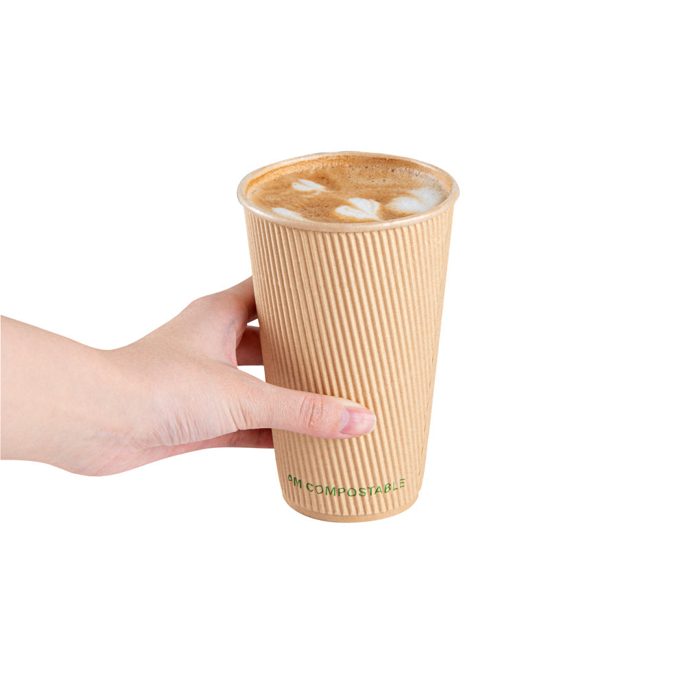 Sustain 16 oz Kraft Paper Coffee Cup - PLA Lining, Compostable, Ripple Wall - 3 1/2" x 3 1/2" x 5 1/2" - 25 count box