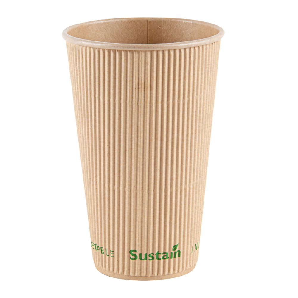 Sustain 16 oz Kraft Paper Coffee Cup - PLA Lining, Compostable, Ripple Wall - 3 1/2" x 3 1/2" x 5 1/2" - 25 count box