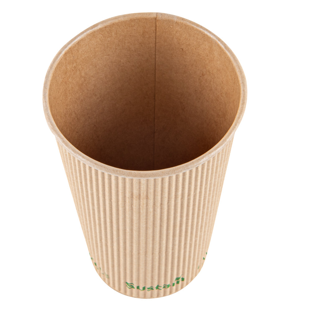 Sustain 16 oz Kraft Paper Coffee Cup - PLA Lining, Compostable, Ripple Wall - 3 1/2" x 3 1/2" x 5 1/2" - 25 count box