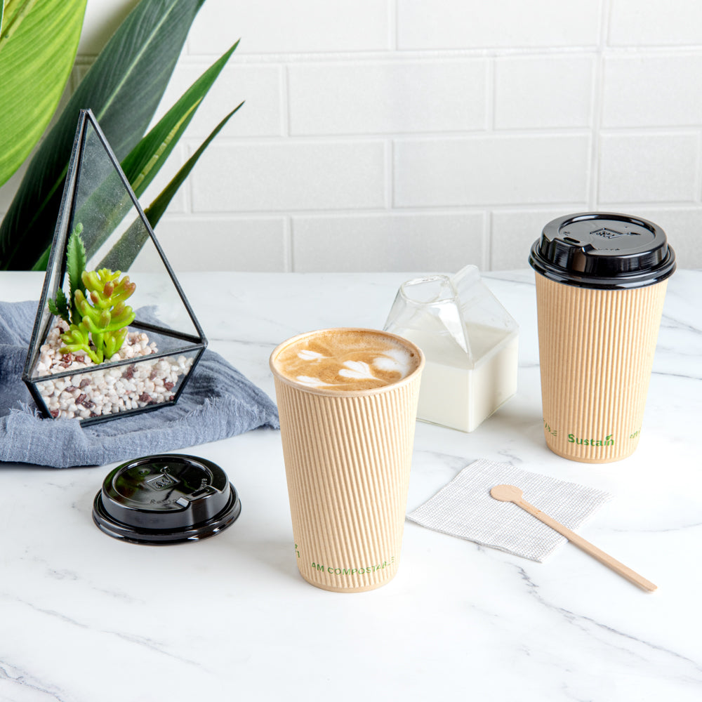 Sustain 16 oz Kraft Paper Coffee Cup - PLA Lining, Compostable, Ripple Wall - 3 1/2" x 3 1/2" x 5 1/2" - 500 count box
