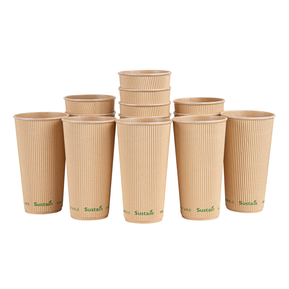 Sustain 20 oz Kraft Paper Coffee Cup - PLA Lining, Compostable, Ripple Wall - 3 1/2" x 3 1/2" x 6 1/4" - 10 count box
