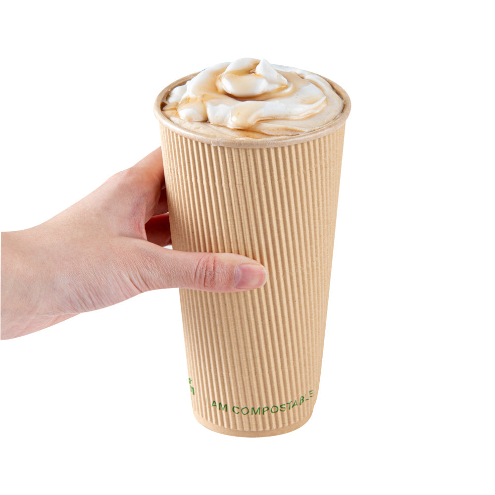 Sustain 20 oz Kraft Paper Coffee Cup - PLA Lining, Compostable, Ripple Wall - 3 1/2" x 3 1/2" x 6 1/4" - 10 count box
